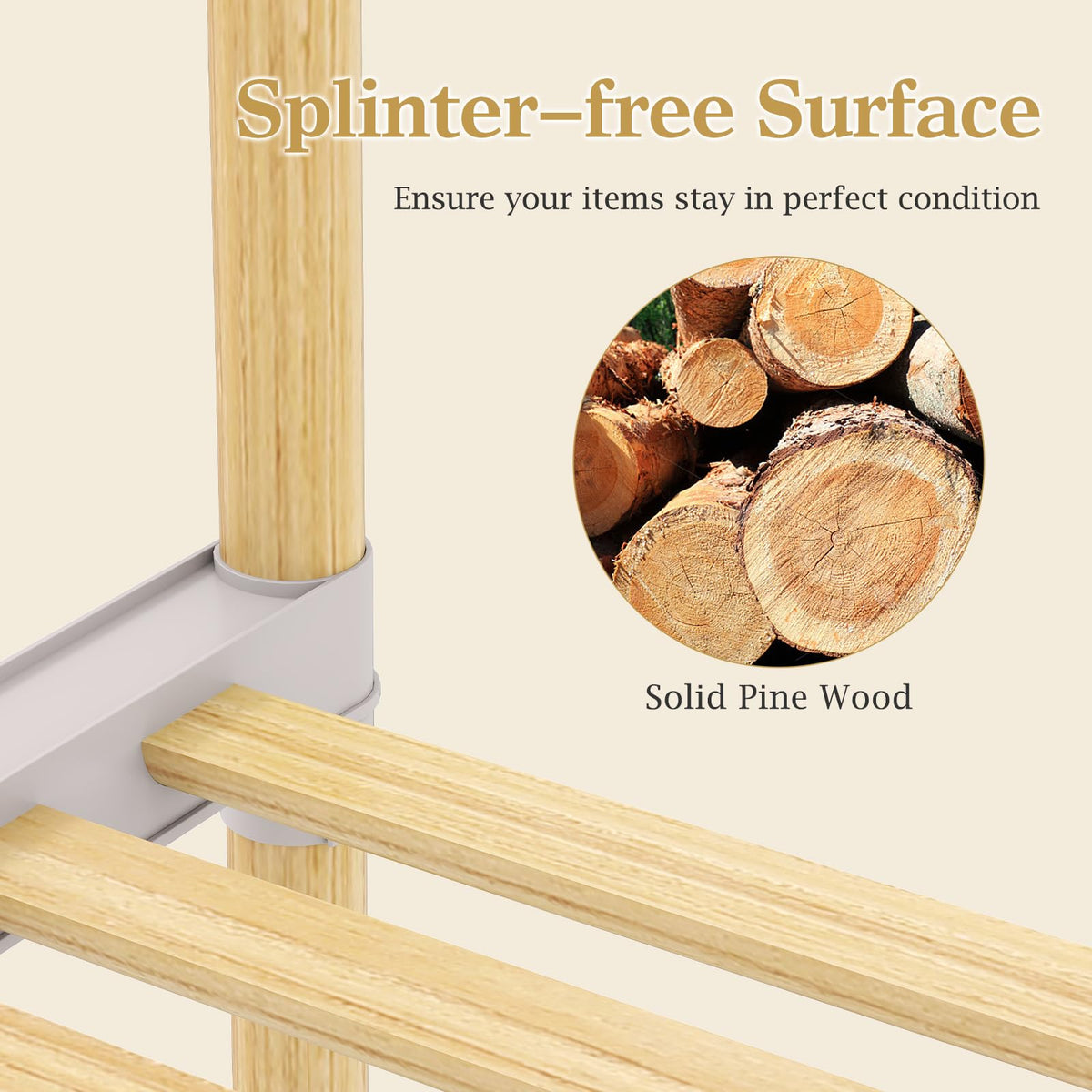 Goflame Pine Wood Clothes Rack with 2-Tier Open Storage Shelf for Hanging Clothes