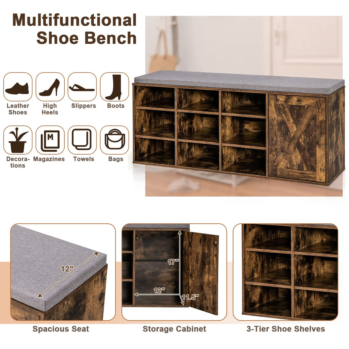 Goflame Shoe Bench, 3 Tier 9 Cubes Storage Bench with Adjustable Shelves (Rustic Brown)