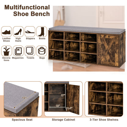 Goflame Shoe Bench, 3 Tier 9 Cubes Storage Bench with Adjustable Shelves (Rustic Brown)