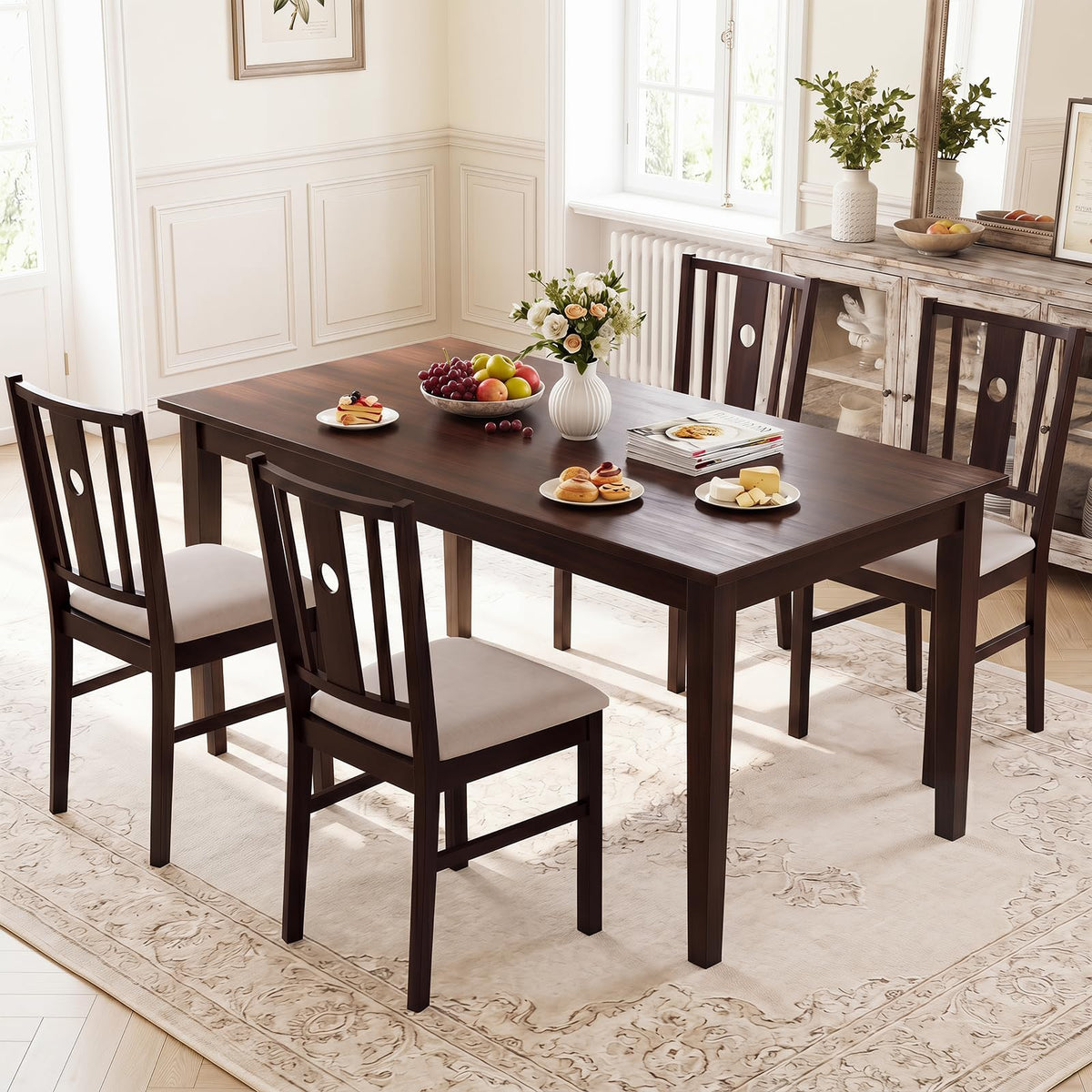 Goflame Wood Dining Chairs w/Fabric Padded Seat & Slatted Curved Back (2/4)