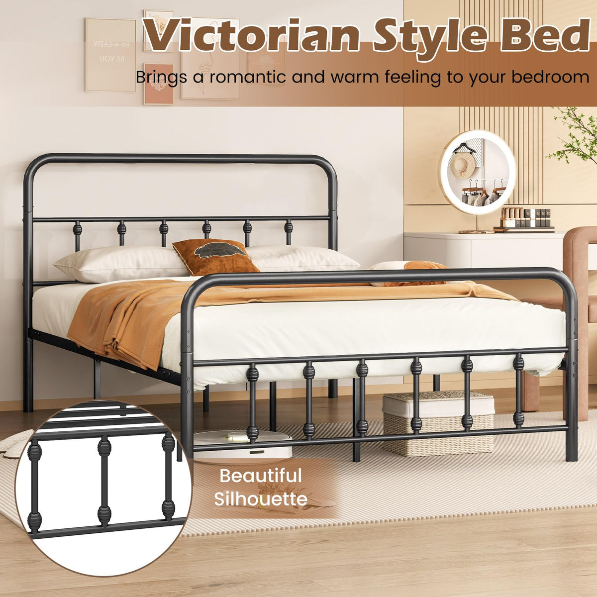 Goflame King/Queen/Full Size Metal Platform Bed Frame, Victorian Style Platform Bed with Headboard & Footboard