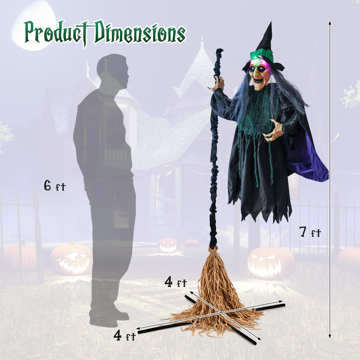 Goflame Witch with Broomstick Halloween Animatronic, Life Size Animated Halloween Prop with Laughing and Screaming Sound