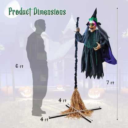 Goflame Witch with Broomstick Halloween Animatronic, Life Size Animated Halloween Prop with Laughing and Screaming Sound