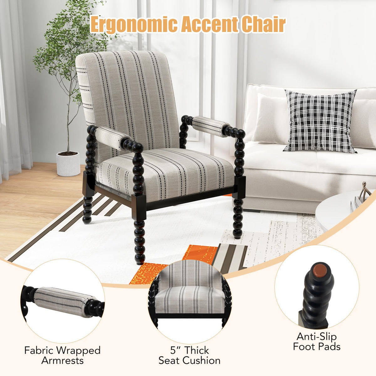 Goflame Mid Century Modern Spindle Accent Chair Set of 1/2, Upholstered Armchair w/Rubber Wood Frame