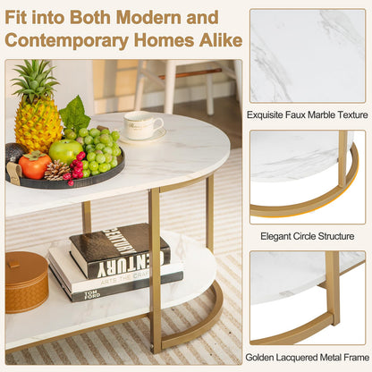 Goflame White Marble Coffee Table - Modern 2-Tier Center Table w/Open Storage Shelf