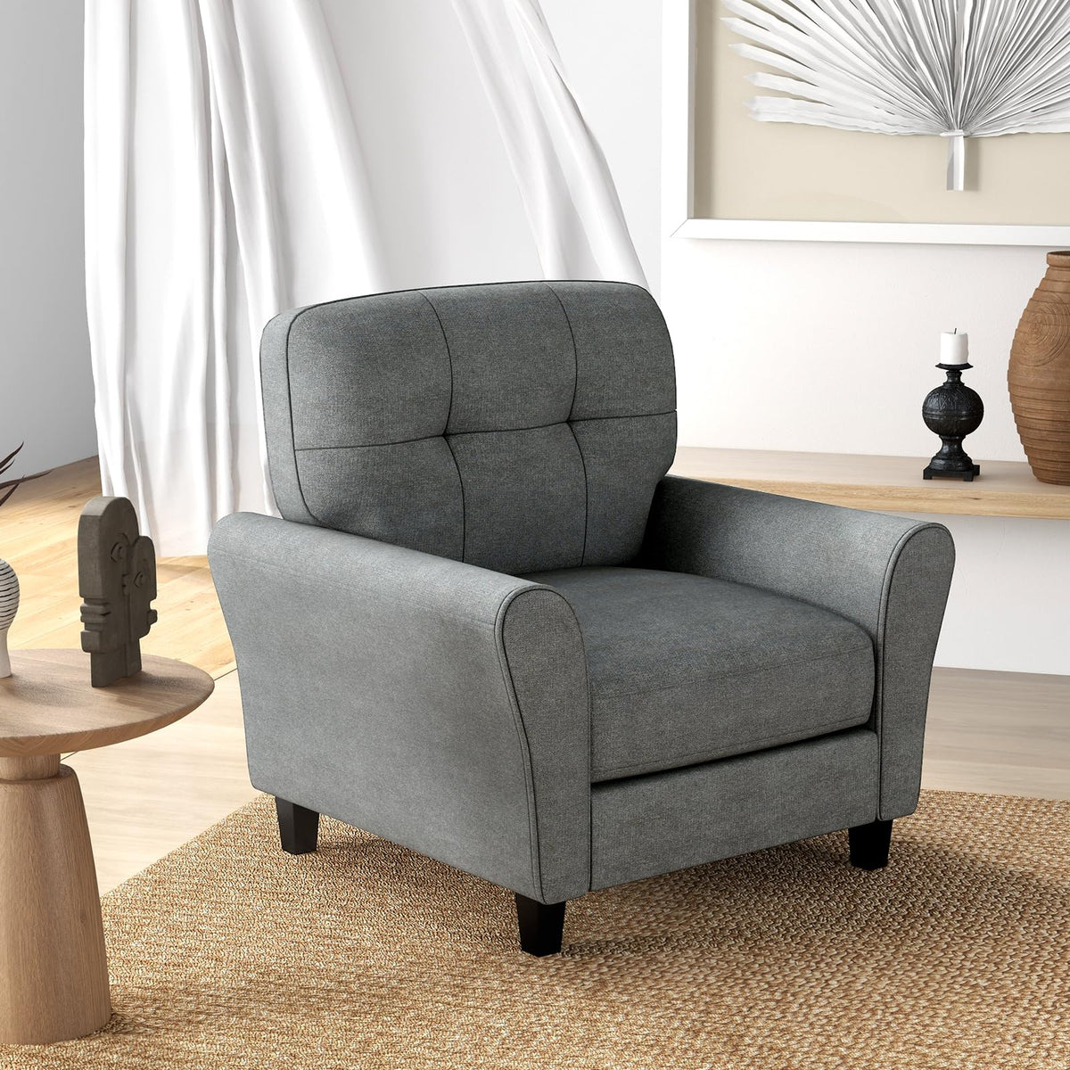 Goflame Modern Mid-Century Accent Chair - Linen Living Room Chair with Tufted Back, Grey