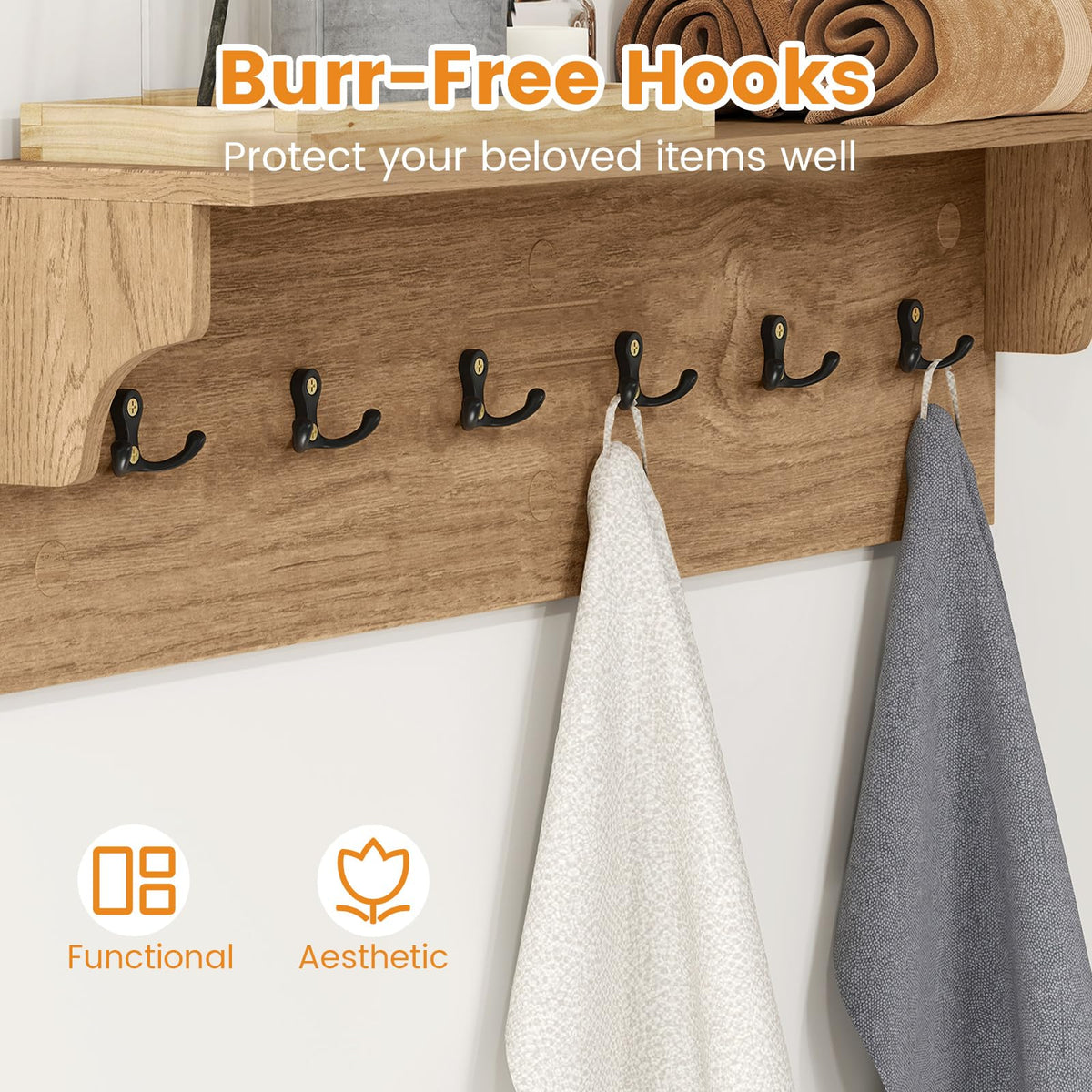 Goflame Wall-Mounted Storage Shelf | 31.5" Wooden Hanging Coat Rack with 6 Hooks