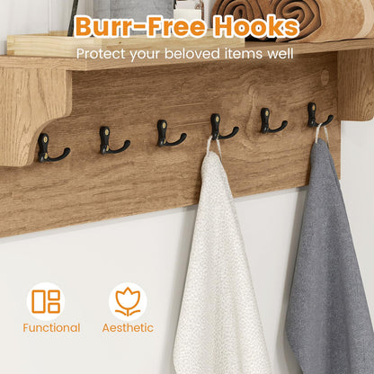 Goflame Wall-Mounted Storage Shelf | 31.5" Wooden Hanging Coat Rack with 6 Hooks