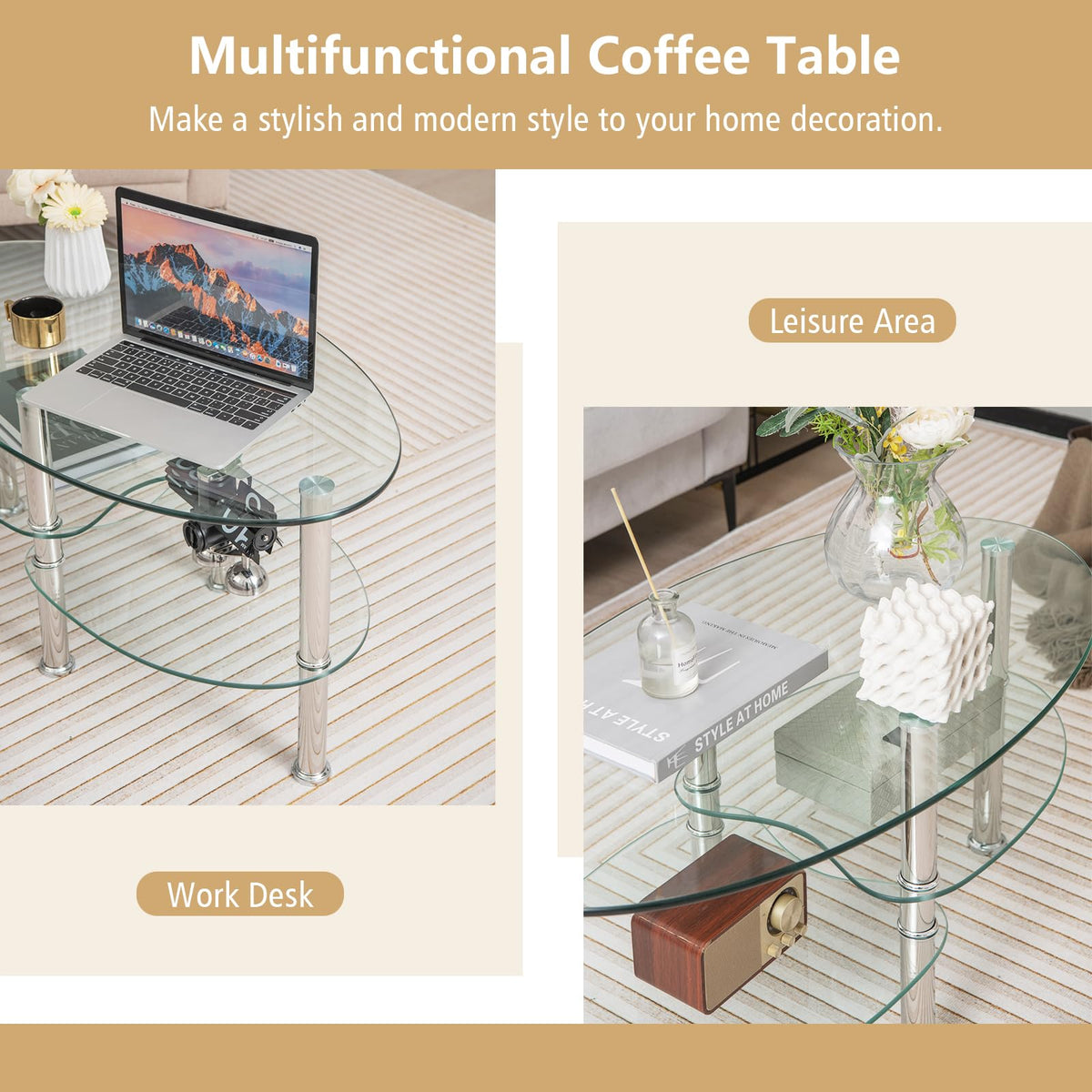 Goflame Oval Glass Coffee Table - 3-Tier Transparent Tempered Glass Center Table with Metal Stand, 35"× 20" ×18"