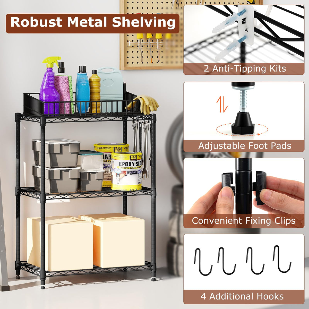 Goflame Storage Shelves Adjustable Wire Shelf Rack w/4 Removable Hooks
