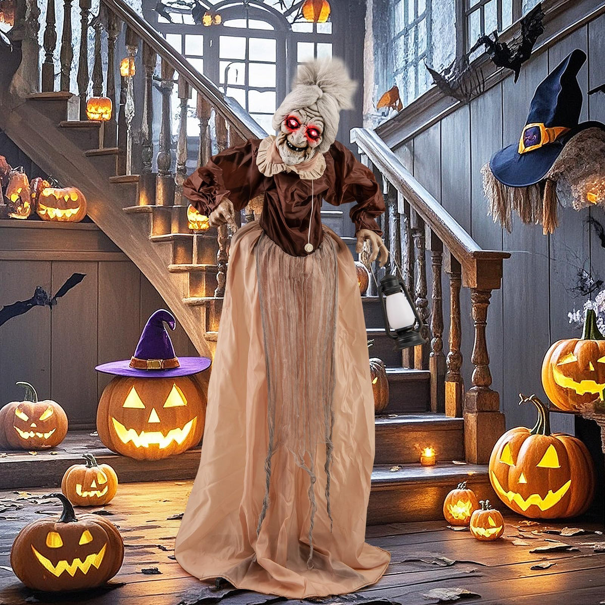 Goflame Halloween Animatronic, Talking Zombie Maid in Lantern