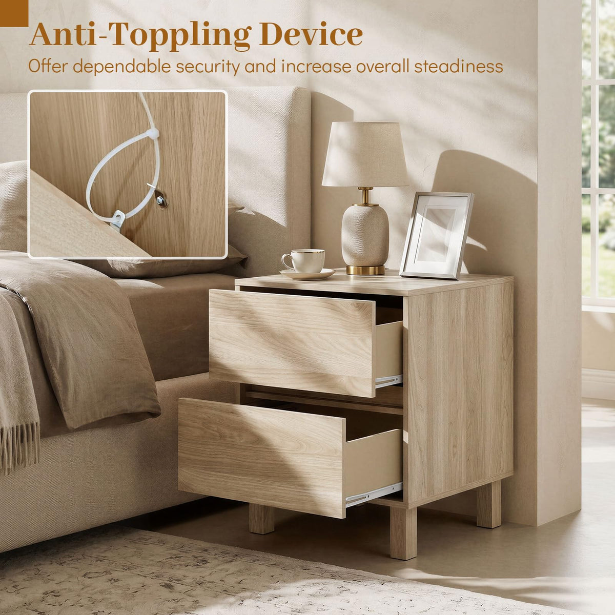 Goflame Modern Wood Night Stand w/2 Storage Drawers (1/2)