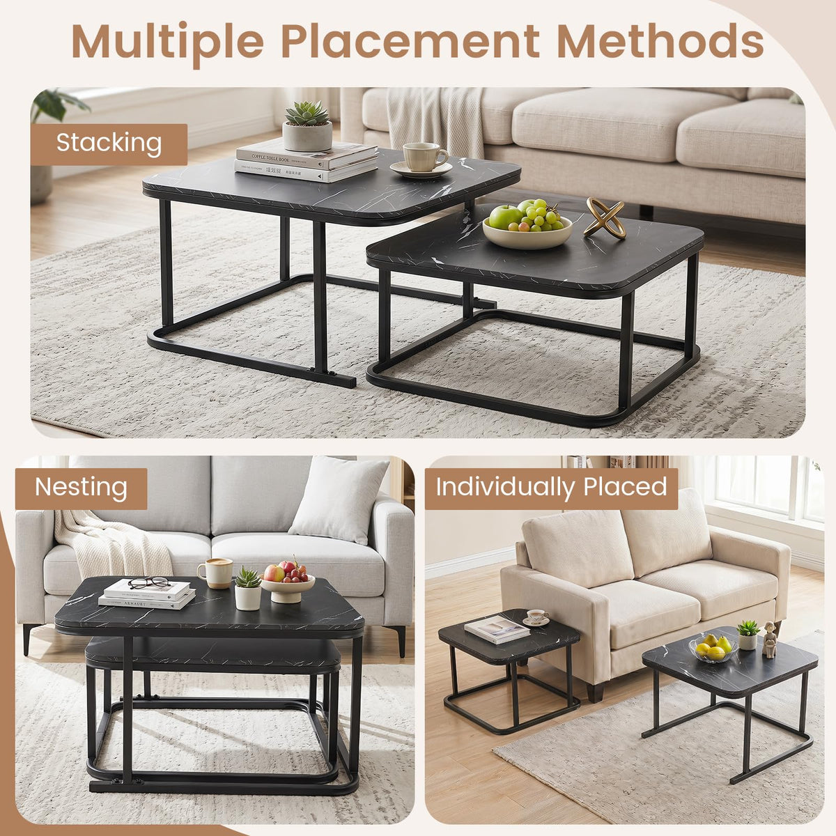 Goflame Nesting Coffee Table Set of 2 with Metal Frame