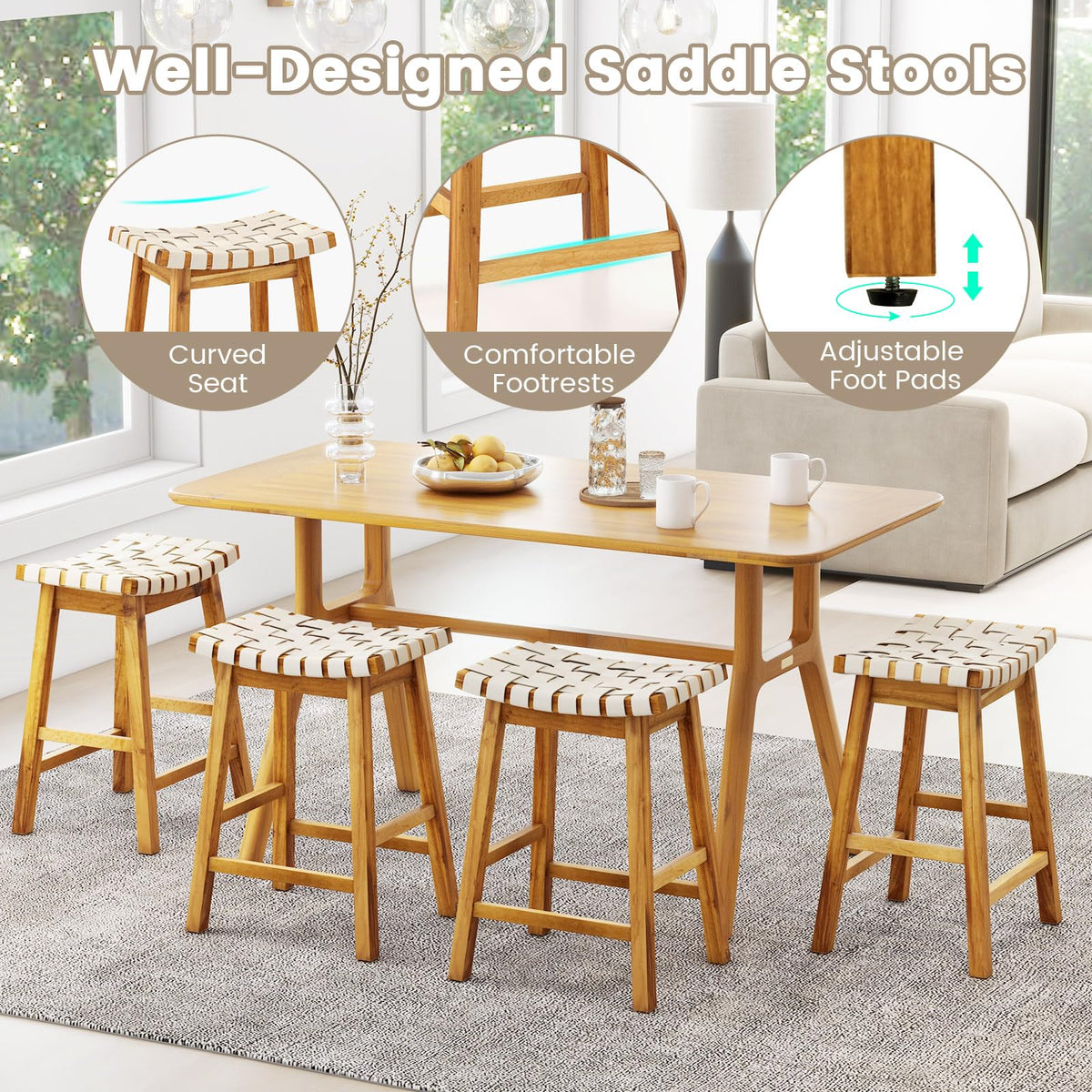Goflame 25.5/31" Woven Bar Stools Set of 2/4, Faux PU Leather Counter Height Saddle Stools with Woven Curved Seat