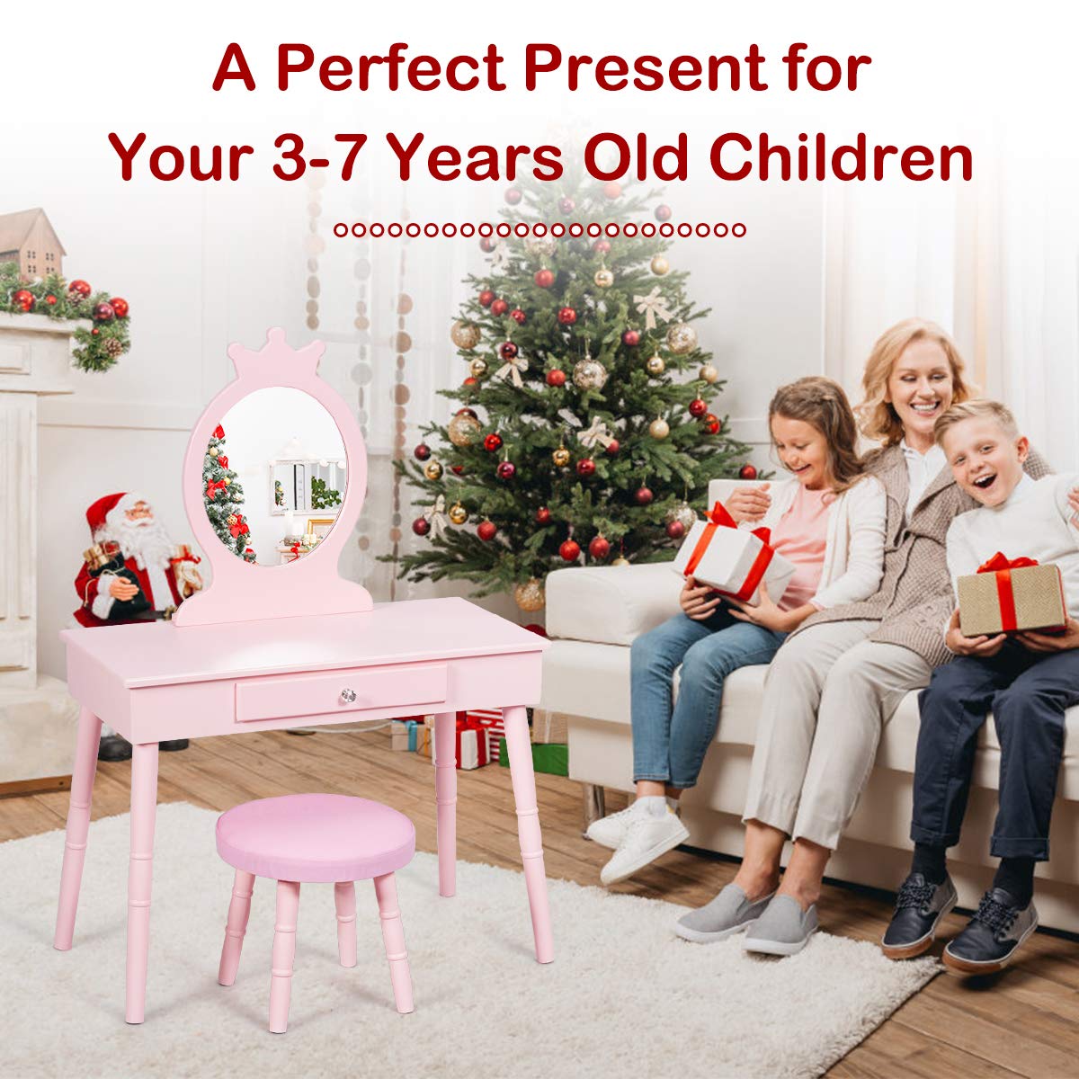 Kids Vanity Set, Princess Dressing Table Set, Wooden Dresser, Little Girls Makeup Table and Stool Set