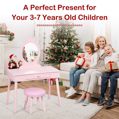 Kids Vanity Set, Princess Dressing Table Set, Wooden Dresser, Little Girls Makeup Table and Stool Set