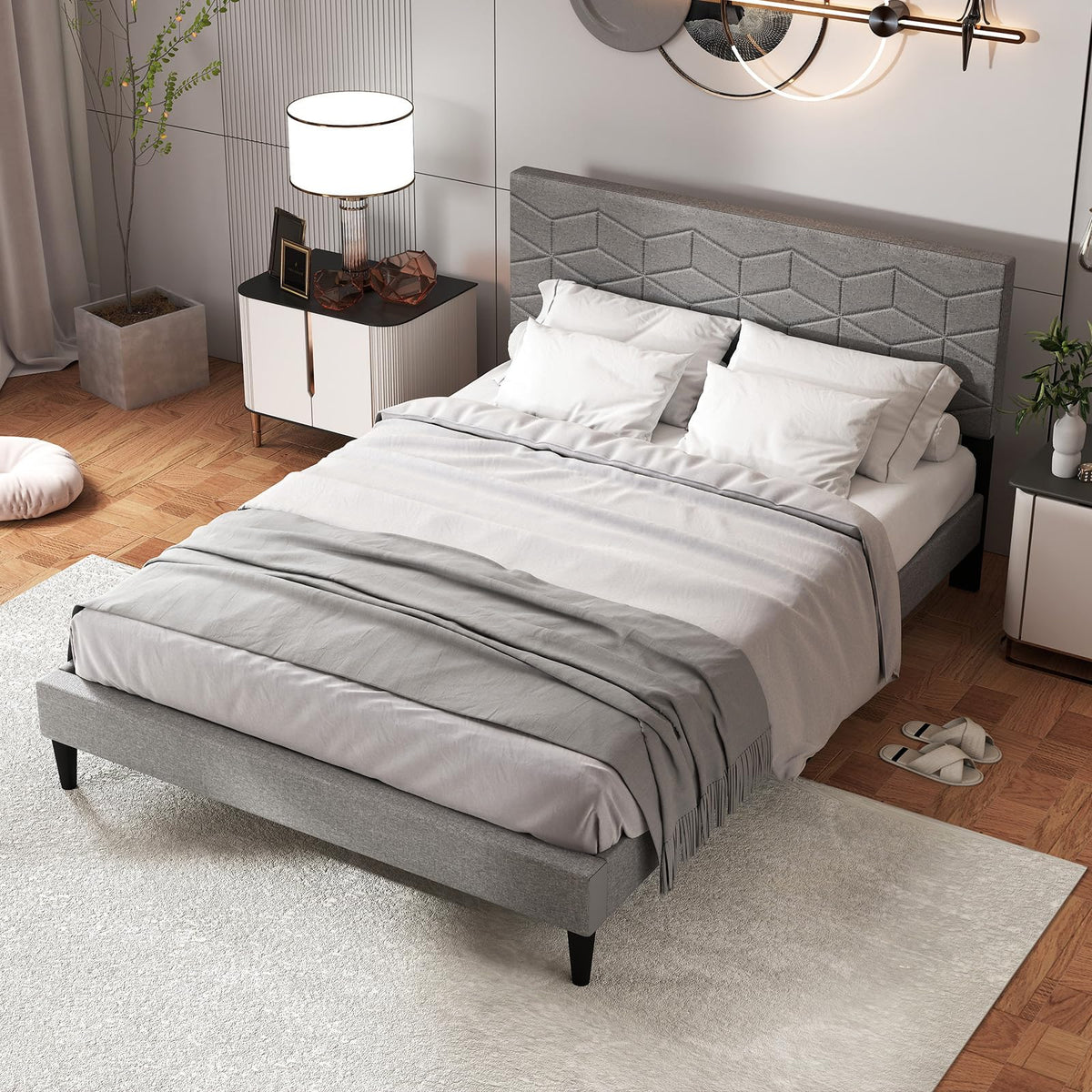 Goflame Queen/Full/Twin Size Upholstered Bed Frame Modern Platform Bed with Linen Fabric Geometric Headboard