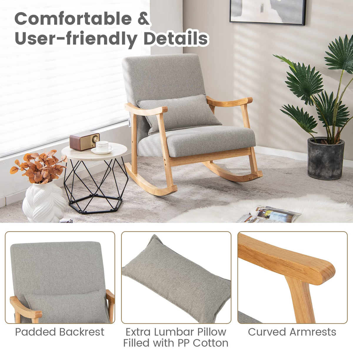 Goflame Upholstered Rocking Chair - Modern Rocker with Rubber Wood Frame, Comfy Backrest & Seat