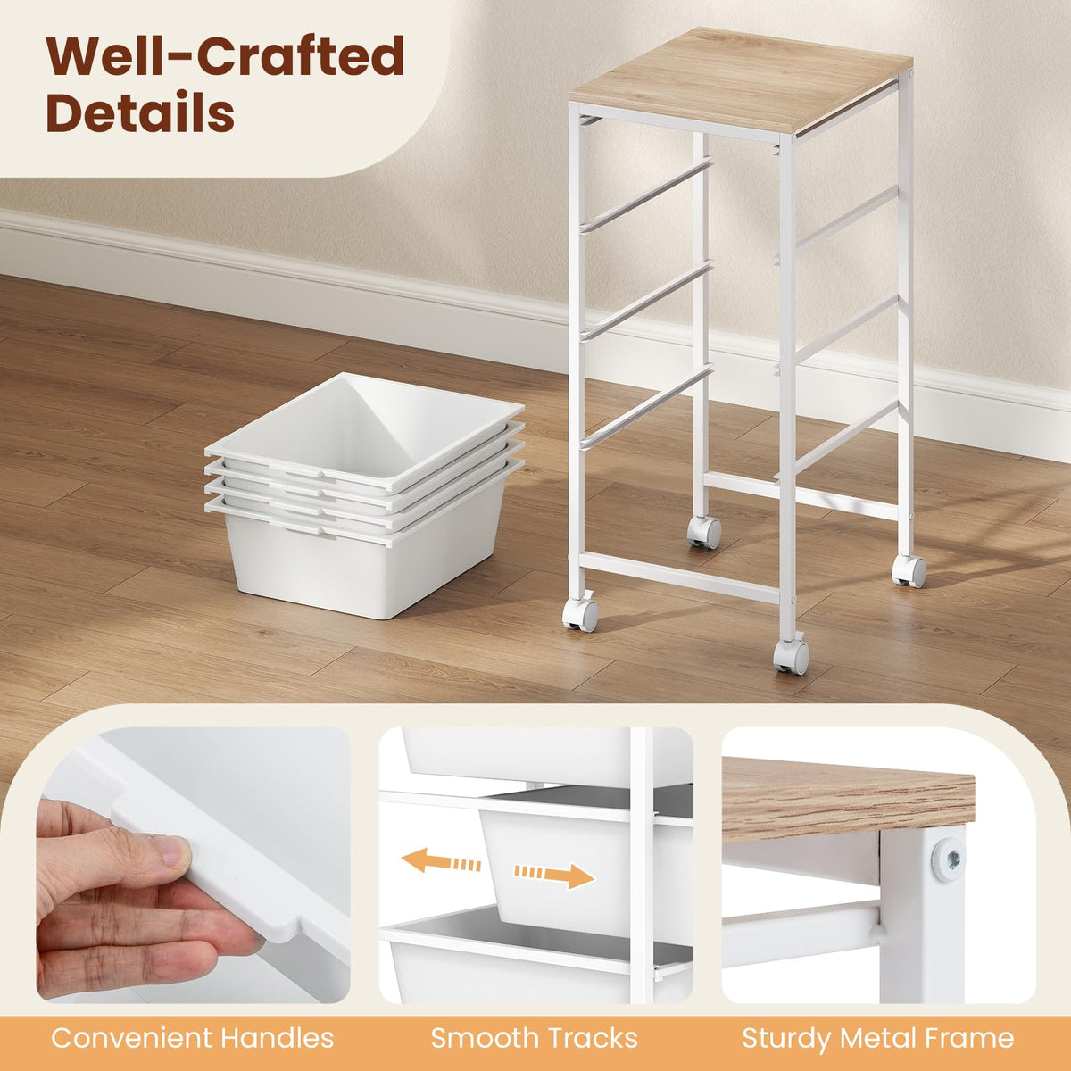 Goflame 4-Drawer Rolling Storage Cart Mobile Utility Organizer with Wooden Tabletop and Lockable Wheels