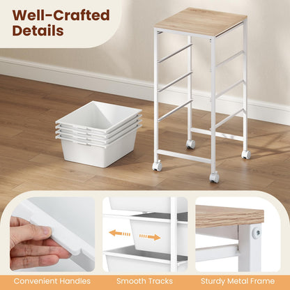 Goflame 4-Drawer Rolling Storage Cart Mobile Utility Organizer with Wooden Tabletop and Lockable Wheels