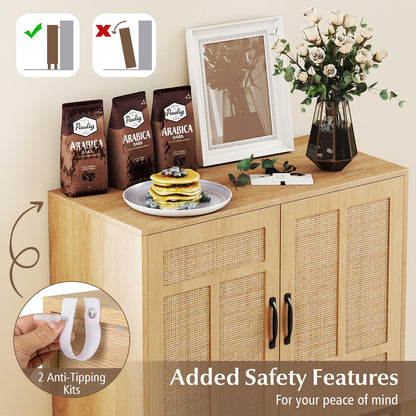 Goflame Sideboard Cabinet Boho Rattan Buffet Cabinet with Storage Adjustable Shelves 2 Doors