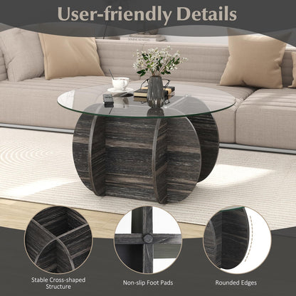 Goflame 35" Glass Round Coffee Table with Storage Tempered Glass Top & Solid Wood Base