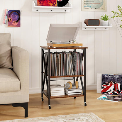 Goflame Record Player Stand with Charging Station, Turntable Stand with Record Storage & 4 Rolling Wheels