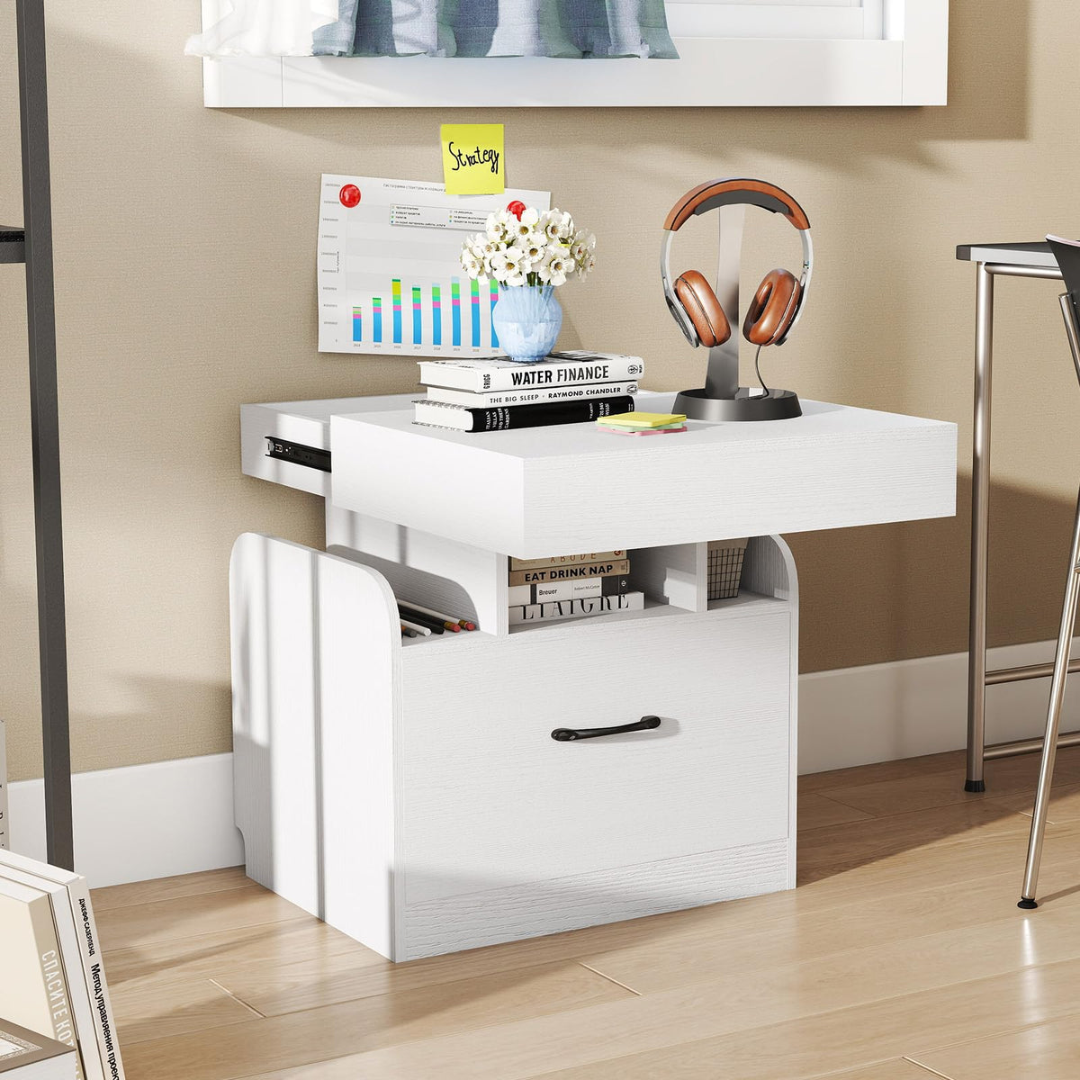 Goflame Nightstand with Charging Station Modern Bedside Table for Living Room Bedroom Office