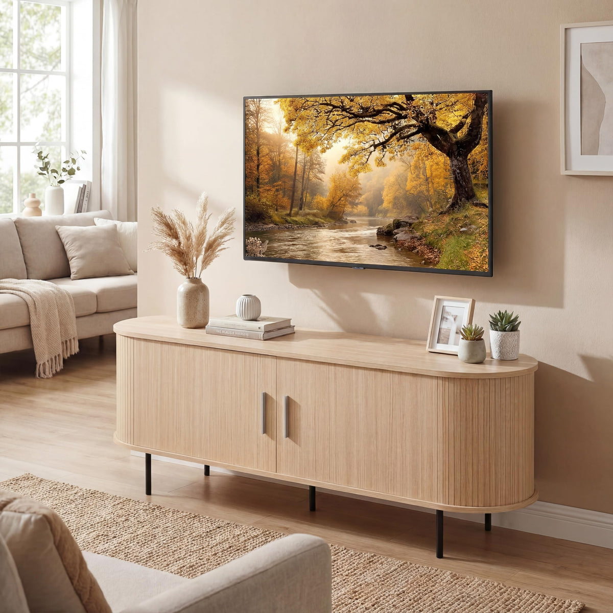 Goflame Mid Century Curved Fluted TV Stand for TVs up to 60"