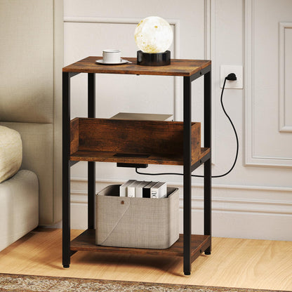 Goflame Side Table with Charging Station - Industrial 3-Tier Bedside Table w/Open Storage Shelves
