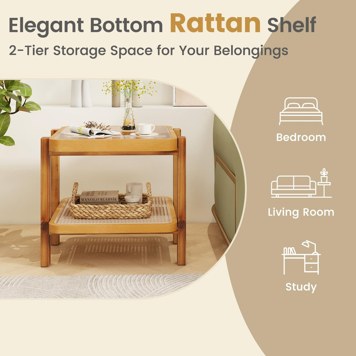 Goflame Rattan Side Table, Boho End Table for Living Room, Narrow Bedside Table with Tempered Glass Top
