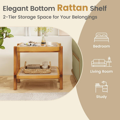Goflame Rattan Side Table, Boho End Table for Living Room, Narrow Bedside Table with Tempered Glass Top