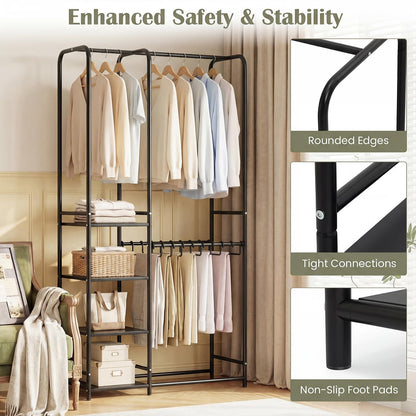 Goflame Heavy-Duty Metal Clothing Rack with 2 Hanging Rods & 4 Storage Shelves