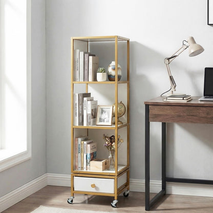 Goflame 4-Tier Rotating Bookshelf | 360° Spinning Corner Book Shelf Tower W/Removable Fabric Storage Drawer