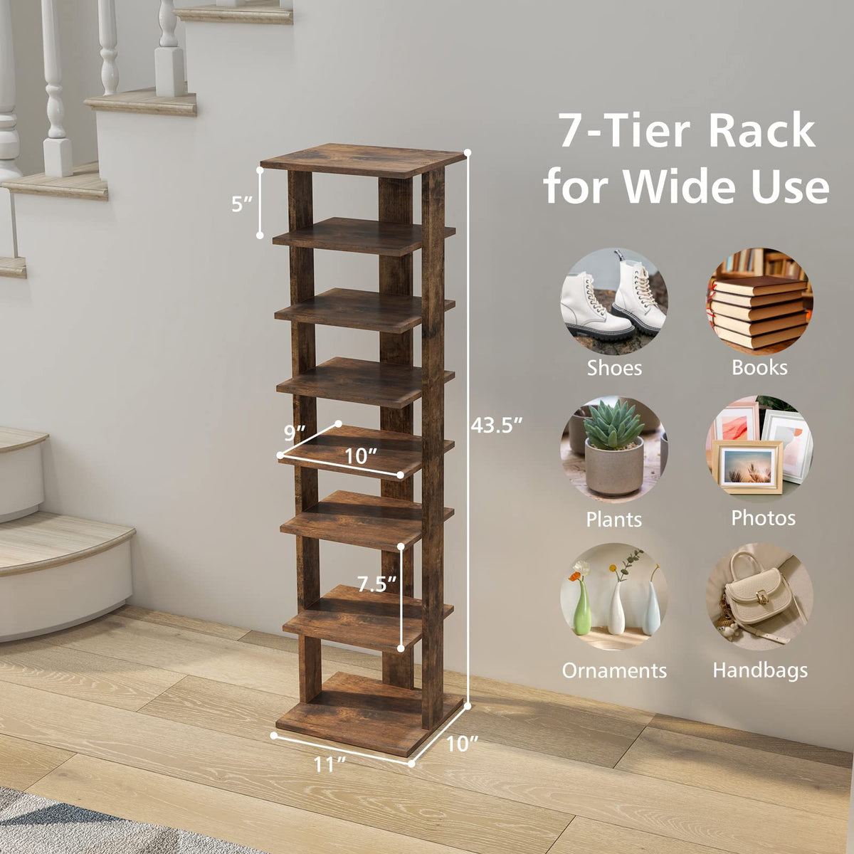 Goflame 8-Tier Vertical Shoe Rack, Corner Shoe Storage Organizer for 7 Pairs, Freestanding Narrow Shoe Rack