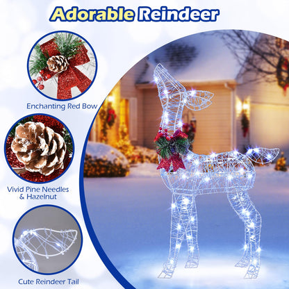 Goflame Christmas Pre-Lit Reindeer | 50 Cold White LED Lights & Red Bow Stakes & Zip Ties Included