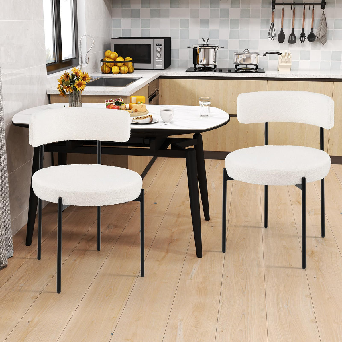 Goflame Sherpa Dining Chairs Set of 4, Upholstered Round Kitchen Chairs with Curved Backrest & Metal Legs