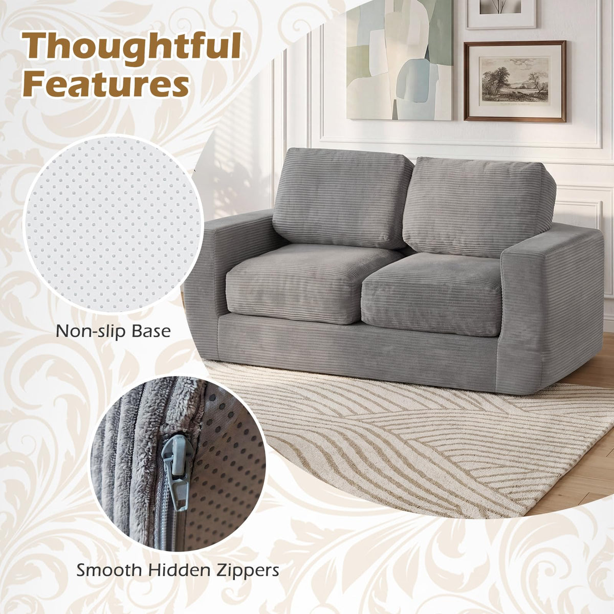 Goflame 2-Seater Floor Couch with Removable Corduroy Cover