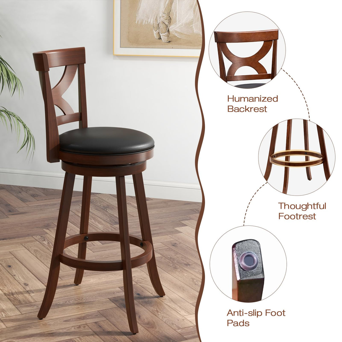 Goflame Bar Stools Set of 2, 30.5" Counter Height Bar Dining Chairs with Back & Footrest, Rubber Wood Frame
