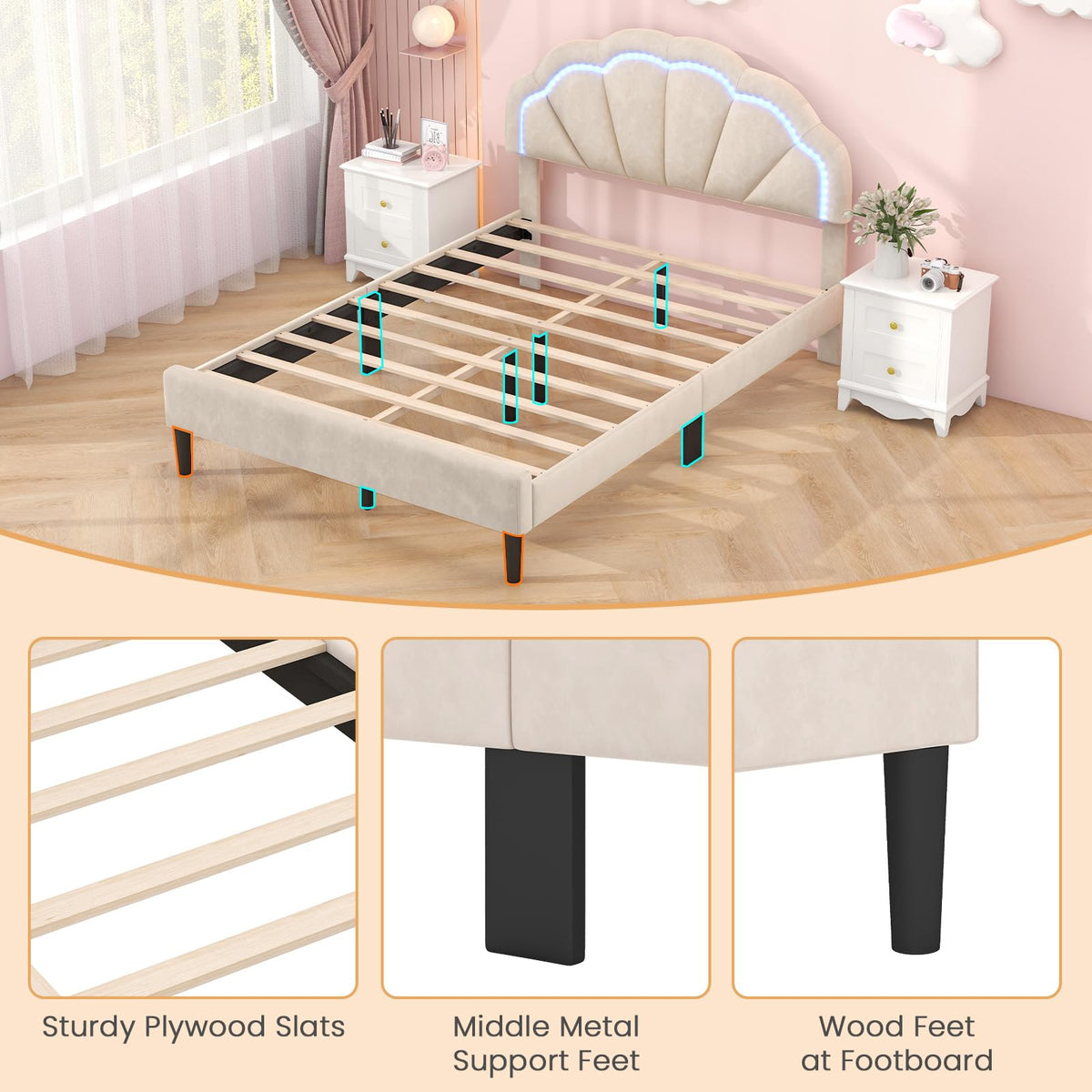 Goflame Full Size LED Bed Frame, Velvet Upholstered Full Platform Bed with Adjustable Cloud Headboard