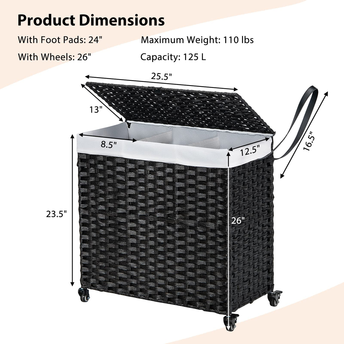 Goflame Laundry Hamper w/Wheels, 3 Section Hamper 125L w/2 Removable Liner Bags