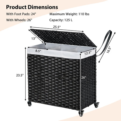 Goflame Laundry Hamper w/Wheels, 3 Section Hamper 125L w/2 Removable Liner Bags