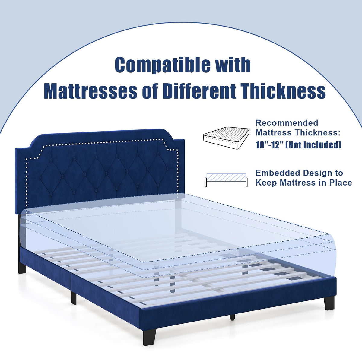 Goflame Velvet Queen Size Bed Frame, Upholstered Platform Bed with Button Tufted & Nailhead Trim Headboard