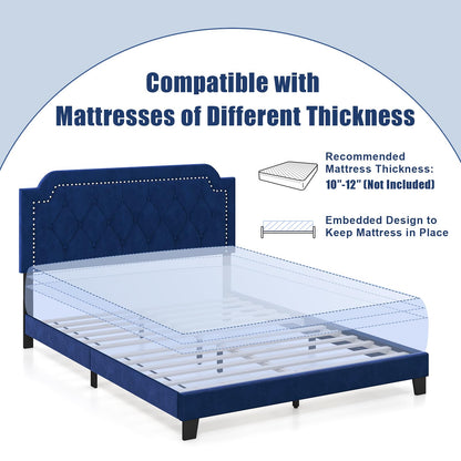 Goflame Velvet Queen Size Bed Frame, Upholstered Platform Bed with Button Tufted & Nailhead Trim Headboard