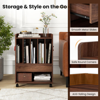 Goflame Record Player Stand, Rolling Turntable Stand with Drawer, Hook & Lockable Wheels