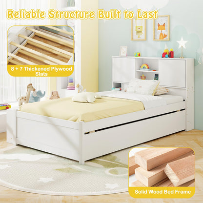 Goflame White Twin Size Bed Frame with Trundle and Bookcase Headboard