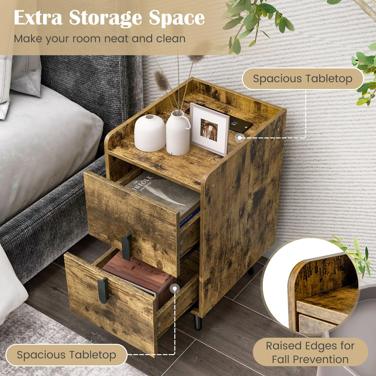 Goflame Nightstand with Charging Station, Narrow End Table with 2 Drawers & Metal Gold Legs