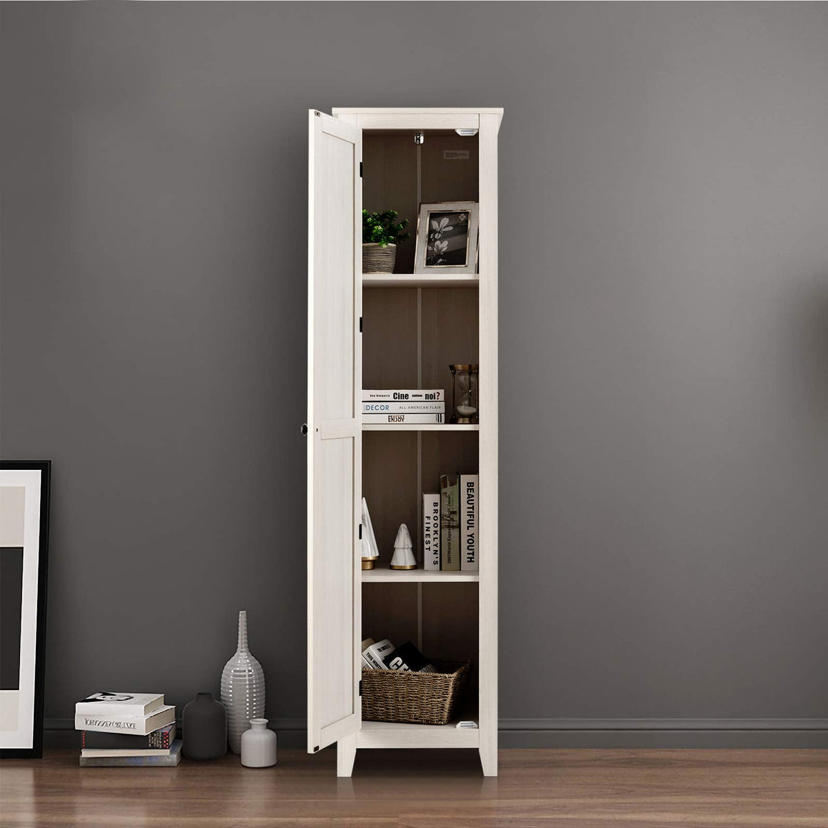 Goflame Tall Storage Cabinet Freestanding Floor Storage Tower with Four Shelves and Single Door