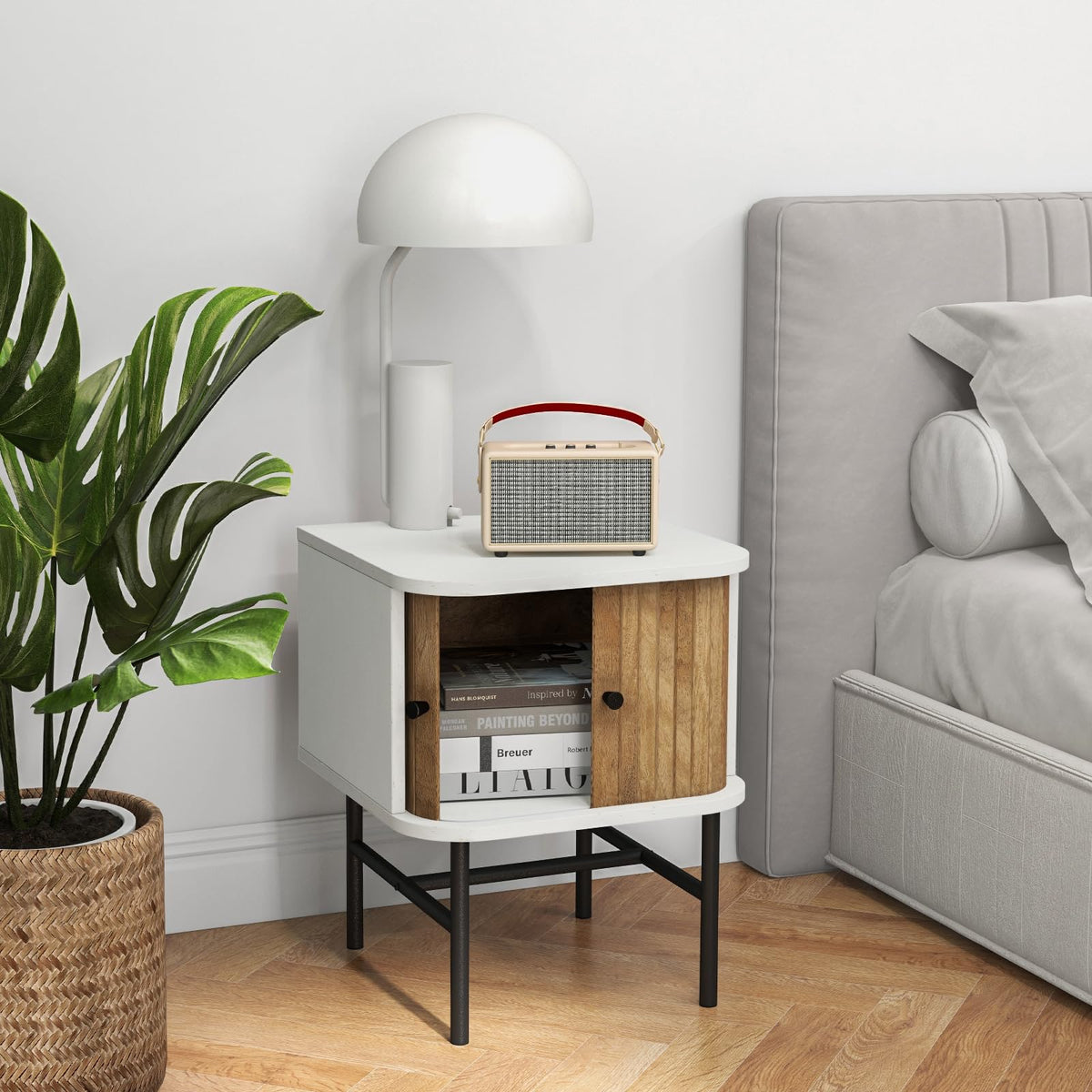 Goflame Mid-Century Modern Nightstand, Wood Bedside Table with Sliding Doors and 4 Metal Legs