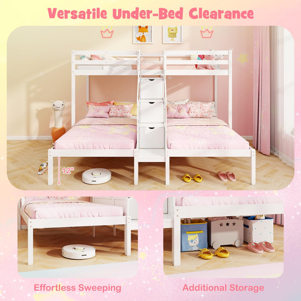 Goflame Twin Over Twin & Twin Bunk Bed, Triple Bunk Beds with 4-Step Storage Stair, Wooden 3 Bunk Beds for Kids Teens